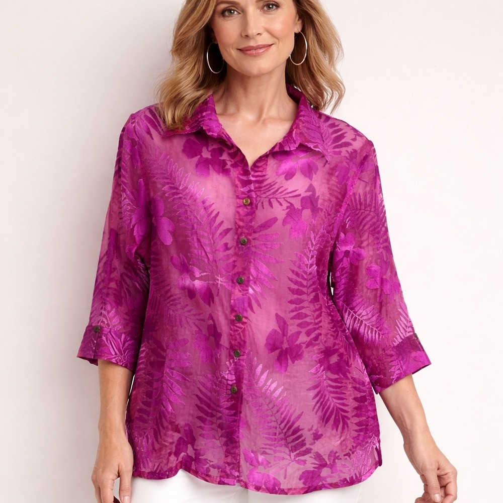 Magenta Burnout Floral Hawaiian Blouse Womens 16 Tropical TanJay Sheer Top